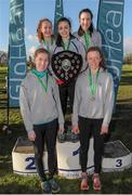 10 February 2016; Members of the Dominican College Wicklow Intermediate Girls team pose on the podium after winning the Intermediate Girls 3500m team award at the GloHealth Leinster Schools' Cross Country. Santry Demesne, Dublin. Picture credit: Seb Daly / SPORTSFILE