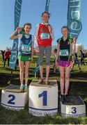 10 February 2016; First place Sarah Healy, Holy Child Killiney, centre, second place Amy Rose Farrell, Mount Anville, left, and third place Abby Taylor, St Gerards, after competing in the Intermediate Girls 3500m at the GloHealth Leinster Schools' Cross Country. Santry Demesne, Dublin. Picture credit: Seb Daly / SPORTSFILE