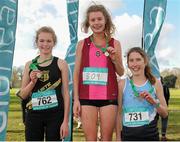 10 February 2016; First place Emer Fitzpatrick, OLS Templeogue, centre, second place Niamh Ni Chiardha, Colaiste Iosagáin, left, and third place Lauren Dermody, Loreto Kilkenny, after competing in the Senior Girls 2500m at the GloHealth Leinster Schools' Cross Country. Santry Demesne, Dublin. Picture credit: Seb Daly / SPORTSFILE