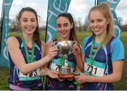 10 February 2016; Alanna Bates, left, Claire Fagan, centre, and Laura Whitelaw, Loreto Mullingar, pose with their trophy after winning the Senior Girls 2500 team at the GloHealth Leinster Schools' Cross Country. Santry Demesne, Dublin. Picture credit: Seb Daly / SPORTSFILE