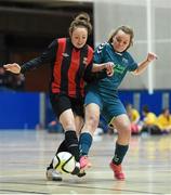 10 February 2016; Kerrie Dillon, IT Carlow, in action against Zora Schuld, NUI Maynooth. WSCAI Futsal Finals. University of Limerick, Limerick. Picture credit: Diarmuid Greene / SPORTSFILE