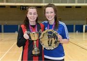 10 February 2016; Cup winner Lauren Dwyer, IT Carlow, left, and plate winner Aoibhín Webb, DCU, with their respective silverware after the tournament. WSCAI Futsal Finals. University of Limerick, Limerick. Picture credit: Diarmuid Greene / SPORTSFILE