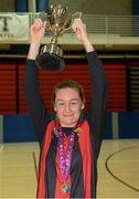 10 February 2016; IT Carlow captain Rachel Graham lifts the cup after defeating IT Sligo in the WSCAI Futsal Final. University of Limerick, Limerick. Picture credit: Diarmuid Greene / SPORTSFILE