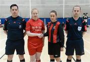 10 February 2016; IT SLigo captain Aoife Brennan, left, and IT Carlow captain Rachel Graham exchange a handshake in the company of referees Darren Coombes, left, and David Berry, before the WSCAI Futsal Final. University of Limerick, Limerick. Picture credit: Diarmuid Greene / SPORTSFILE