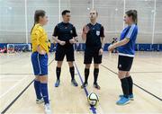 10 February 2016; Referees David Berry, right, and Darren Coombes, perform the pre-match coin-toss in the company of WIT captain Rachel Hutchinson, left, and DCU captain Aisling Frawley. WSCAI Futsal Finals. University of Limerick, Limerick. Picture credit: Diarmuid Greene / SPORTSFILE