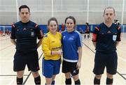 10 February 2016; WIT captain Rachel Hutchinson, left, and DCU captain Aisling Frawley, exchange a handshake in the company of referees Darren Coombes, left, and David Berry. WSCAI Futsal Finals. University of Limerick, Limerick. Picture credit: Diarmuid Greene / SPORTSFILE