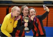 10 February 2016; Carlow IT players, from left to right, Shonagh Spratt Murphy, Emma Hansberry, and Kerrie Dillon celebrate with the cup and their medals after defeating IT Sligo in the WSCAI Futsal Final. University of Limerick, Limerick. Picture credit: Diarmuid Greene / SPORTSFILE