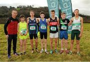 11 February 2016; Republic of Ireland athlete Rob Heffernan presents the top six placed Junior Boys, from left, first place Chris O'Reilly, Douglas Community School, second place Jake Bugg, Ardscoil na Mara Tramore, third place Finn Looney, St Annes CC Killaloe, fourth place Michael Troy, St Augustine's Dungarvan, fifth place Eoin Redmond, Kinsale Community School, and sixth place Daire O'Dullivan, Colaiste an Chroi Naofa Carrignavar, with their medals. GloHealth Munster Schools Cross Country, Tramore Valley Park, Cork City. Picture credit: Seb Daly / SPORTSFILE