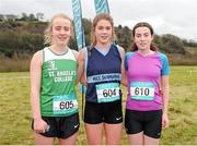 11 February 2016; Second place Rhona Pierce, left, St Angelas Cork, first place Fiona Everard, centre, MICC Dunmanway, and third place Aisling Kelly, right, Spanish Point, hold their medals following the Senior Girls event. GloHealth Munster Schools Cross Country, Tramore Valley Park, Cork City. Picture credit: Seb Daly / SPORTSFILE