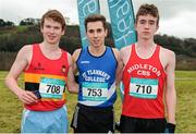 11 February 2016; Second place David Fox, left, CBC Cork, first place Kevin Mulcaire, centre, St Flannans Ennis, and third place Fearghal Curtin, right, Midleton CBS, hold their medals following the Senior Boys event. GloHealth Munster Schools Cross Country, Tramore Valley Park, Cork City. Picture credit: Seb Daly / SPORTSFILE
