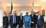 11 February 2016; President of the World Olympic Committees (ANOC) Sheikh Ahmed Al-Fahad Al-Sabah, from Kuwait, and his assistant Husain Al Musallam, left, Director Gental, Olympic Council of Asia, meet with Senior Vice President of ANOC and President, OCI, Patrick Hickey, and colleagues from the Olympic Council of Ireland, from left, Dermot Henihan, Secretary General, OCI, John Delaney, 2nd Vice President, OCI and Willie O'Brien, 1st Vice President, OCI, on a visit to the NOC of Ireland, the Olympic Council of Ireland. Olympic Council of Ireland, Olympic House, Harbour Road, Howth, Co. Dublin. Picture credit: Brendan Moran / SPORTSFILE