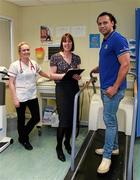 11 February 2016; Leinster Rugby club captain Isa Nacewa with Dr Deirdre Ward, Consultant Cardiologist, centre, and Ciara Brennan, Senior Cardiac Physiologist, during a visit to Tallaght Hospital to see at first hand the work being doing in the Centre for Cardiac Risk in Younger Persons. Contemplative Room, Tallaght Hospital, Tallaght, Dublin. Picture credit: Ray McManus / SPORTSFILE