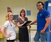 11 February 2016; Leinster Rugby club captain Isa Nacewa with Dr Deirdre Ward, Consultant Cardiologist, centre, and Ciara Brennan, Senior Cardiac Physiologist, during a visit to Tallaght Hospital to see at first hand the work being doing in the Centre for Cardiac Risk in Younger Persons. Contemplative Room, Tallaght Hospital, Tallaght, Dublin. Picture credit: Ray McManus / SPORTSFILE