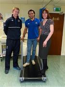 11 February 2016; Leinster Rugby head coach Leo Cullen and club captain Isa Nacewa with Dr Deirdre Ward, Consultant Cardiologist, during a visit to Tallaght Hospital to see at first hand the work being doing in the Centre for Cardiac Risk in Younger Persons following a press conference. Contemplative Room, Tallaght Hospital, Tallaght, Dublin. Picture credit: Ray McManus / SPORTSFILE