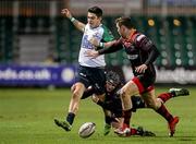 11 February 2016; Tiernan O'Halloran, Connacht, is tackled by Adam Hughes, Newport Gwent Dragons. Guinness PRO12 Round 14, Newport Gwent Dragons v Connacht. Rodney Parade, Newport, Wales. Picture credit: Chris Fairweather / SPORTSFILE