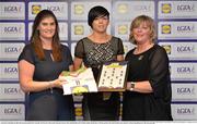 1 June 2016; Paula Murray, Louth, centre, receives her Division 4 Lidl Ladies Team of the League Award from Aoife Clarke, head of communications, Lidl Ireland, left, and Marie Hickey, President of Ladies Gaelic Football, right, at the Lidl Ladies Teams of the League Award Night. The Lidl Teams of the League were presented at Croke Park with 60 players recognised for their performances throughout the 2016 Lidl National Football League Campaign. The 4 teams were selected by opposition managers who selected the best players in their position with the players receiving the most votes being selected in their position. Croke Park, Dublin. Photo by Cody Glenn/Sportsfile
