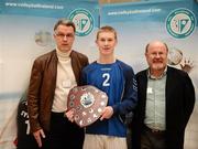 10 December 2009; Laurence Kenny, Mountmellick Community School, Laois, is presented with the plaque by Martin O'Connor, President of Volleyball Association of Ireland, left, and Mark Howard, Irish Sports Council, after victory over Pipers Hill College Naas, Kildare. VAI Schools Senior Volleyball Finals 2009, Senior Boys 'B' Final, UCD Sports Centre, Belfield, Dublin. Picture credit: Stephen McCarthy / SPORTSFILE