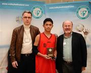 10 December 2009; Luan Santos, Pipers Hill College Naas, Kildare, is presented with the MVP award by Martin O'Connor, President of Volleyball Association of Ireland, left, and Mark Howard, Irish Sports Council, after victory over Mountmellick Community School, Laois. VAI Schools Senior Volleyball Finals 2009, Senior Boys 'B' Final, UCD Sports Centre, Belfield, Dublin. Picture credit: Stephen McCarthy / SPORTSFILE