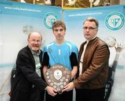 10 December 2009; St Brigids Loughrea, Galway, captain Sean Skehill is s presented with the plaque by Martin O'Connor, President of Volleyball Association of Ireland, right, and Mark Howard, Irish Sports Council, after victory over Vocational School Drumshanbo, Leitrim. VAI Schools Senior Volleyball Finals 2009, Senior Boys 'A' Final, UCD Sports Centre, Belfield, Dublin. Picture credit: Stephen McCarthy / SPORTSFILE