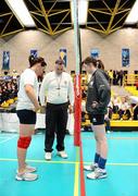 10 December 2009; A general view of the coin toss between Mount St Michael Claremorris, Mayo, captain Amy Barrett, left, and St Brigids Loughrea, Galway, captain Olivia Molloy. VAI Schools Senior Volleyball Finals 2009, Senior Girls 'B' Final, UCD Sports Centre, Belfield, Dublin. Picture credit: Stephen McCarthy / SPORTSFILE