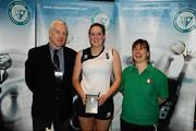 10 December 2009; Edel Nolan, Mount St Michael Claremorris, Mayo, is presented with the MVP award by Bob Sinnott, Vice-President Volleyball Association of Ireland, left, and Johann Cardiff, Women’s National Squads Head Coach, after victory over St Leo's College Carlow. VAI Schools Senior Volleyball Finals 2009, Senior Girls 'A' Final, UCD Sports Centre, Belfield, Dublin. Picture credit: Stephen McCarthy / SPORTSFILE