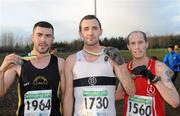 6 December 2009; Stephen Murphy, Donore Harriers, centre, winner of the Mens Novice race, Martin Quinn, Dunleer A.C., left, runner up, and Gregory Roberts, City of Derry, right, 3rd, with their medals after the Woodie’s DIY/AAI Novice & Juvenile Uneven Ages Cross Country Championships. University of Ulster, Coleraine, Derry. Picture credit: Oliver McVeigh / SPORTSFILE