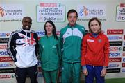 12 December 2009; Athletes, from left, Mo Farah, Great Britain, Mary Cullen, Ireland, Alistair Cragg, Ireland, and Karoline Bjerkeli Grovdal, Norway, after a press conference ahead of a SPAR European Cross Country Championships press conference. The Crowne Plaza Hotel, Santry Demesne, Santry, Co. Dublin. Picture credit: Pat Murphy / SPORTSFILE
