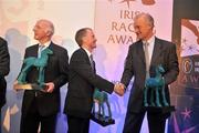 14 December 2009; John Oxx, left, winner of the Irish Horse racing Flat award, with Michael Kinane, centre, winner of the Contribution to the Industry award, and Willie Mullins, winner of the National Hunt award, at the Irish Horse Racing Awards for 2009. The Pavillion, Leopardstown Racecouse, Dublin. Picture credit: David Maher / SPORTSFILE