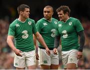 7 February 2016; Ireland players, from left, Jonathan Sexton, Simon Zebo and Jared Payne. RBS Six Nations Rugby Championship 2016, Ireland v Wales. Aviva Stadium, Lansdowne Road, Dublin. Picture credit: Stephen McCarthy / SPORTSFILE