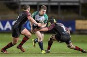 11 February 2016; Matt Healy, Connacht, is tackled by Elliot Dee, left, and Nic Cudd, Newport Gwent Dragons. Guinness PRO12 Round 14, Newport Gwent Dragons v Connacht. Rodney Parade, Newport, Wales. Picture credit: Gareth Everett / SPORTSFILE
