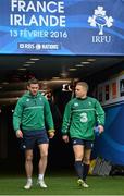 12 February 2016; Ireland's Ian Madigan, right, and Fergus McFadden arrives for the captain's run. Ireland Rugby Captain's Run. Stade de France, Saint Denis, Paris, France. Picture credit: Ramsey Cardy / SPORTSFILE