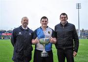 12 February 2016; Mark Hoare, Coláiste Bhride Carnew, poses for a picture with Mark McInerney, son of Anne McInerney, right, and Lorcan Balfe, Leinster Schools Secretary. Anne McInerney Cup, Ardee Community School v Coláiste Bhride Carnew. Donnybrook Stadium, Donnybrook, Dublin. Picture credit: Sam Barnes / SPORTSFILE