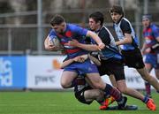12 February 2016; Nathan Murphy, Ardee Community School, is tackled by Jim Sharry, Coláiste Bhride Carnew. Anne McInerney Cup, Ardee Community School v Coláiste Bhride Carnew. Donnybrook Stadium, Donnybrook, Dublin. Picture credit: Sam Barnes / SPORTSFILE