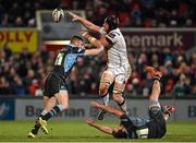 12 February 2016; Franco Der Merwe, Ulster, is tackled by Rory Hughes and Simone Favaro, Glasgow. Guinness PRO12, Round 14, Ulster v Glasgow. Kingspan Stadium, Ravenhill Park, Belfast. Picture credit: Oliver McVeigh / SPORTSFILE