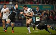 12 February 2016; Jacob Stockdale, Ulster, is tackled by Ali Price and Peter Murchie, Glasgow. Guinness PRO12, Round 14, Ulster v Glasgow. Kingspan Stadium, Ravenhill Park, Belfast. Picture credit: Oliver McVeigh / SPORTSFILE