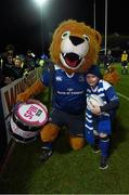 12 February 2016; Leinster match day mascots Jack Farrelly with Leo The Lion at the Guinness PRO12, Round 14, clash between Leinster and Zebre at the RDS Arena, Ballsbridge, Dublin. Picture credit: Stephen McCarthy / SPORTSFILE