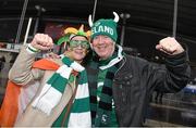 13 February 2016; Ireland supporters John, from Foxrock, Dublin, and Valerie Mullan, from Dunleer, Co. Louth, at the Stade de France. RBS Six Nations Rugby Championship, France v Ireland. Stade de France, Saint Denis, Paris, France. Picture credit: Ramsey Cardy / SPORTSFILE