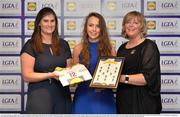 1 June 2016; Aoife Darcy, Longford, centre, receives her Division 4 Lidl Ladies Team of the League Award from Aoife Clarke, head of communications, Lidl Ireland, left, and Marie Hickey, President of Ladies Gaelic Football, right, at the Lidl Ladies Teams of the League Award Night. The Lidl Teams of the League were presented at Croke Park with 60 players recognised for their performances throughout the 2016 Lidl National Football League Campaign. The 4 teams were selected by opposition managers who selected the best players in their position with the players receiving the most votes being selected in their position. Croke Park, Dublin. Photo by Cody Glenn/Sportsfile
