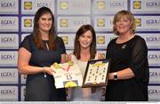 1 June 2016; Dymphna O'Brien, Limerick, centre, receives her Division 4 Lidl Ladies Team of the League Award from Aoife Clarke, head of communications, Lidl Ireland, left, and Marie Hickey, President of Ladies Gaelic Football, right, at the Lidl Ladies Teams of the League Award Night. The Lidl Teams of the League were presented at Croke Park with 60 players recognised for their performances throughout the 2016 Lidl National Football League Campaign. The 4 teams were selected by opposition managers who selected the best players in their position with the players receiving the most votes being selected in their position. Croke Park, Dublin. Photo by Cody Glenn/Sportsfile