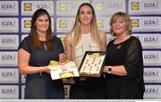 1 June 2016; Kate Flood, Louth, centre, receives her Division 4 Lidl Ladies Team of the League Award from Aoife Clarke, head of communications, Lidl Ireland, left, and Marie Hickey, President of Ladies Gaelic Football, right, at the Lidl Ladies Teams of the League Award Night. The Lidl Teams of the League were presented at Croke Park with 60 players recognised for their performances throughout the 2016 Lidl National Football League Campaign. The 4 teams were selected by opposition managers who selected the best players in their position with the players receiving the most votes being selected in their position. Croke Park, Dublin. Photo by Cody Glenn/Sportsfile