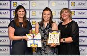 1 June 2016; Roisín Gleeson, Fermanagh, centre, receives her Division 3 Lidl Ladies Team of the League Award from Aoife Clarke, head of communications, Lidl Ireland, left, and Marie Hickey, President of Ladies Gaelic Football, right, at the Lidl Ladies Teams of the League Award Night. The Lidl Teams of the League were presented at Croke Park with 60 players recognised for their performances throughout the 2016 Lidl National Football League Campaign. The 4 teams were selected by opposition managers who selected the best players in their position with the players receiving the most votes being selected in their position. Croke Park, Dublin. Photo by Cody Glenn/Sportsfile
