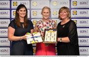 1 June 2016; Mairead Wall, Waterford, centre, receives her Division 3 Lidl Ladies Team of the League Award from Aoife Clarke, head of communications, Lidl Ireland, left, and Marie Hickey, President of Ladies Gaelic Football, right, at the Lidl Ladies Teams of the League Award Night. The Lidl Teams of the League were presented at Croke Park with 60 players recognised for their performances throughout the 2016 Lidl National Football League Campaign. The 4 teams were selected by opposition managers who selected the best players in their position with the players receiving the most votes being selected in their position. Croke Park, Dublin. Photo by Cody Glenn/Sportsfile