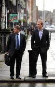 17 December 2009; Ulster's Stephen Ferris along with David Millar, Ulster Team Manager, left, arrive ahead of an ERC Independent Disciplinary Committee hearing. ERC Offices, Huguenot House, Stephen's Green, Dublin. Picture Credit: Stephen McCarthy / SPORTSFILE