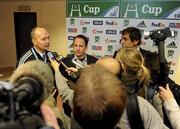 19 December 2009; Derek McGrath, ERC Chief Executive, left, along with David Humphreys, Ulster Rugby operations director, centre, and Max Gauzzini, President Stade Francais, during a press conference to announce that the match is to be abandoned. Heineken Cup Pool 4 Round 4, Stade Francais v Ulster, King Baudoun Stadium, Brussels, Belgium. Picture credit: Oliver McVeigh / SPORTSFILE