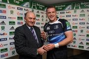 19 December 2009; Jamie Heaslip, Leinster, is presented with his Heineken Man of the Match award by Pat Maher, National Sponsorship and Events Manager, Heineken Ireland. Heineken Cup Pool 6 Round 4, Leinster v Llanelli Scarlets, RDS, Dublin. Picture credit: Matt Browne / SPORTSFILE