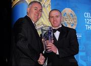 19 December 2009; Peter Coyle, Fingal, is presented with his Nicky Rackard Award by Uachtarán CLG Criostóir Ó Cuana. Christy Ring/Nicky Rackard/Lory Meagher Champion 15 & Rounder All-Star Awards 2009, Croke Park, Dublin. Photo by Sportsfile