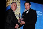 19 December 2009; Danny Cullen, Donegal, is presented with his Lory Meagher Champion 15 Award by Uachtarán CLG Criostóir Ó Cuana. Christy Ring/Nicky Rackard/Lory Meagher Champion 15 & Rounder All-Star Awards 2009, Croke Park, Dublin. Photo by Sportsfile