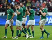 13 February 2016; Dejected Ireland players, from left, Conor Murray, Jamie Heaslip, Donnacha Ryan, Fergus McFadden and Tommy O'Donnell, after the game. RBS Six Nations Rugby Championship, France v Ireland. Stade de France, Saint Denis, Paris, France. Picture credit: Brendan Moran / SPORTSFILE