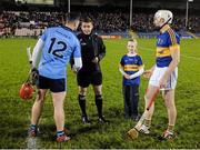 13 February 2016; The Tipperary Mascot for the evening Kate Hyland, from Cahir, with the Dublin captain David Treacy, referee Colm Lyons and the Tipperary captain Brendan Maher before the game. Allianz Hurling League, Division 1A, Round 1, Tipperary v Dublin. Semple Stadium, Thurles, Co. Tipperary. Picture credit: Ray McManus / SPORTSFILE