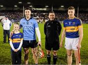 13 February 2016; The Tipperary Mascot for the evening Kate Hyland, from Cahir, with the Dublin captain David Treacy, referee Colm Lyons and the Tipperary captain Brendan Maher before the game. Allianz Hurling League, Division 1A, Round 1, Tipperary v Dublin. Semple Stadium, Thurles, Co. Tipperary. Picture credit: Ray McManus / SPORTSFILE